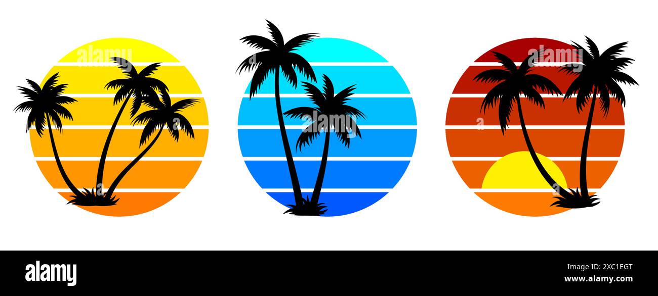 Spiaggia tropicale estiva con sole e profilo di palme in stile vintage. Illustrazione dello sfondo estivo per poster, volantino, t-shirt. Illustrazione Vettoriale