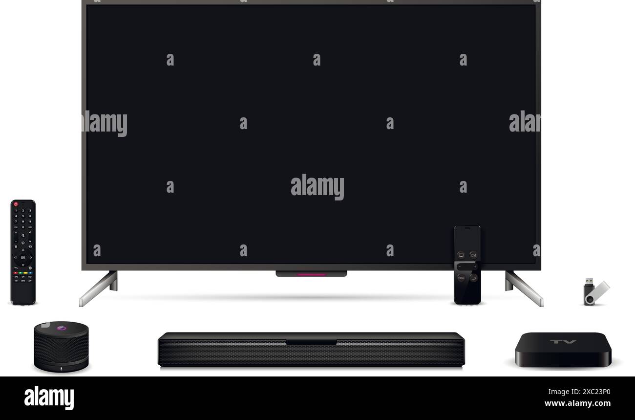 tv oled realistico, soundbar, sintonizzatore tv, altoparlante intelligente, telecomando con unità flash. Illustrazione vettoriale. Illustrazione Vettoriale