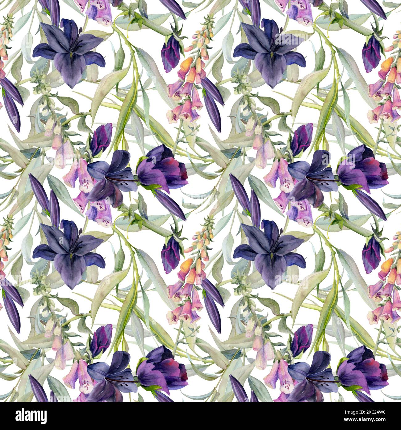 Illustrazione ad acquerello disegnata a mano foglie di fiori botanici boho. Foxglove snapdragon lupino, salice eucalipto, livia di giglio amaryllis. Senza interruzioni Foto Stock