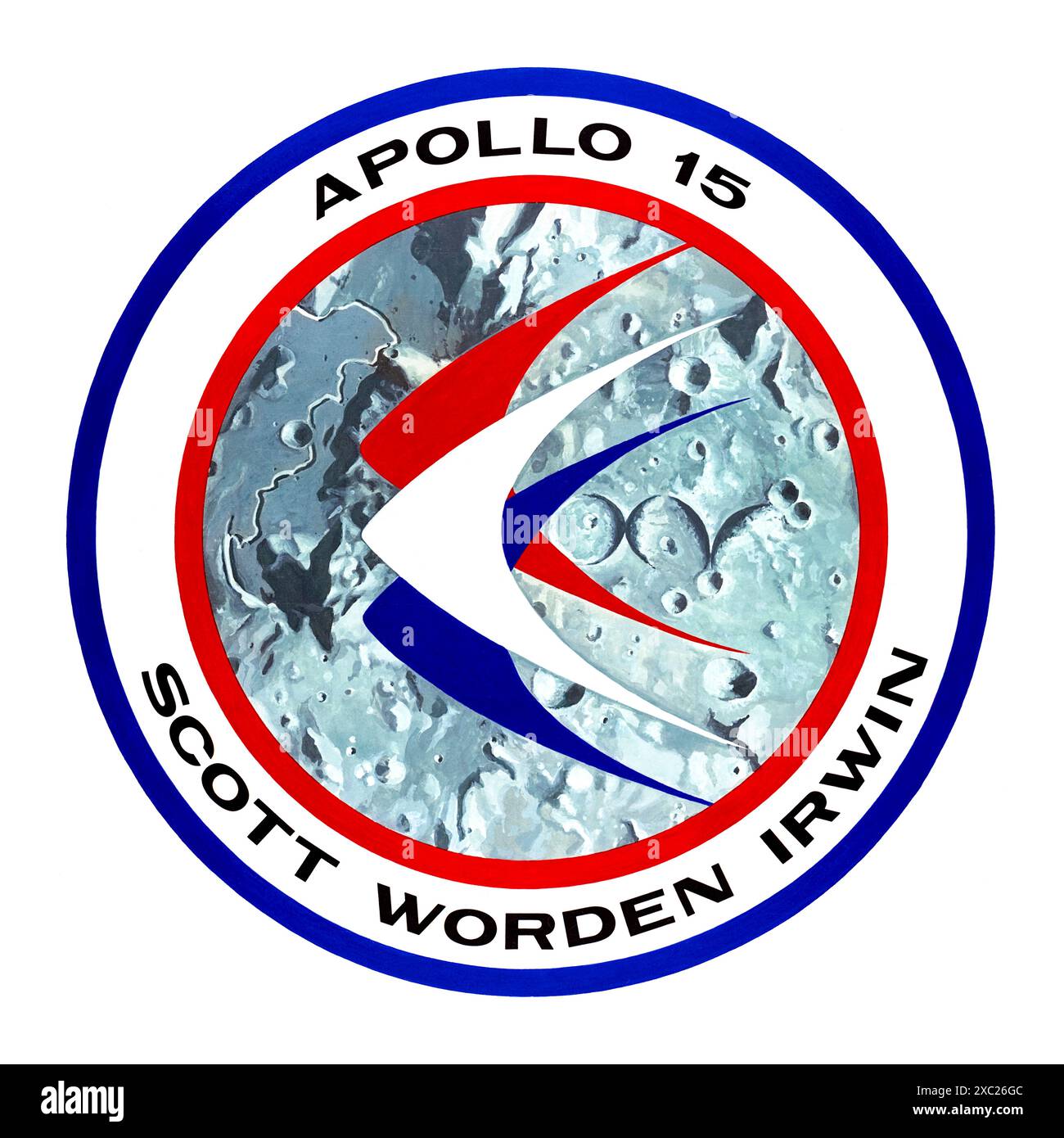 Apollo 15 con equipaggio missione di atterraggio lunare 1971 insegne che mostrano uccelli stilizzati rossi, bianchi e blu che volano sopra Hadley rille sulla superficie lunare con i nomi dell'equipaggio David Scott, Alfred Worden e James Irwin. Foto Stock