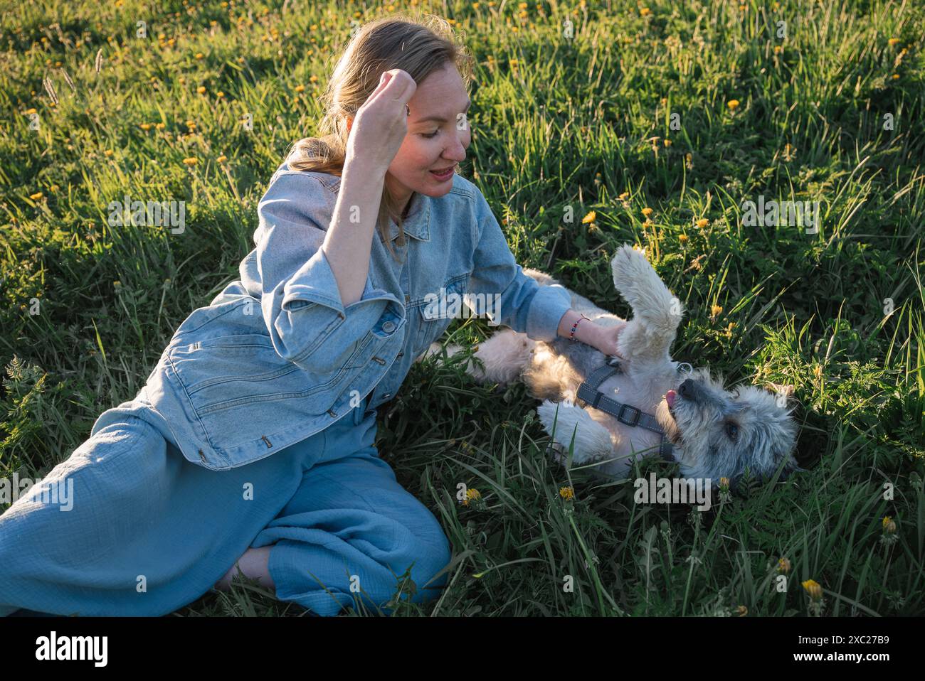 la giovane donna con un cane senza razza è sdraiata sull'erba Foto Stock
