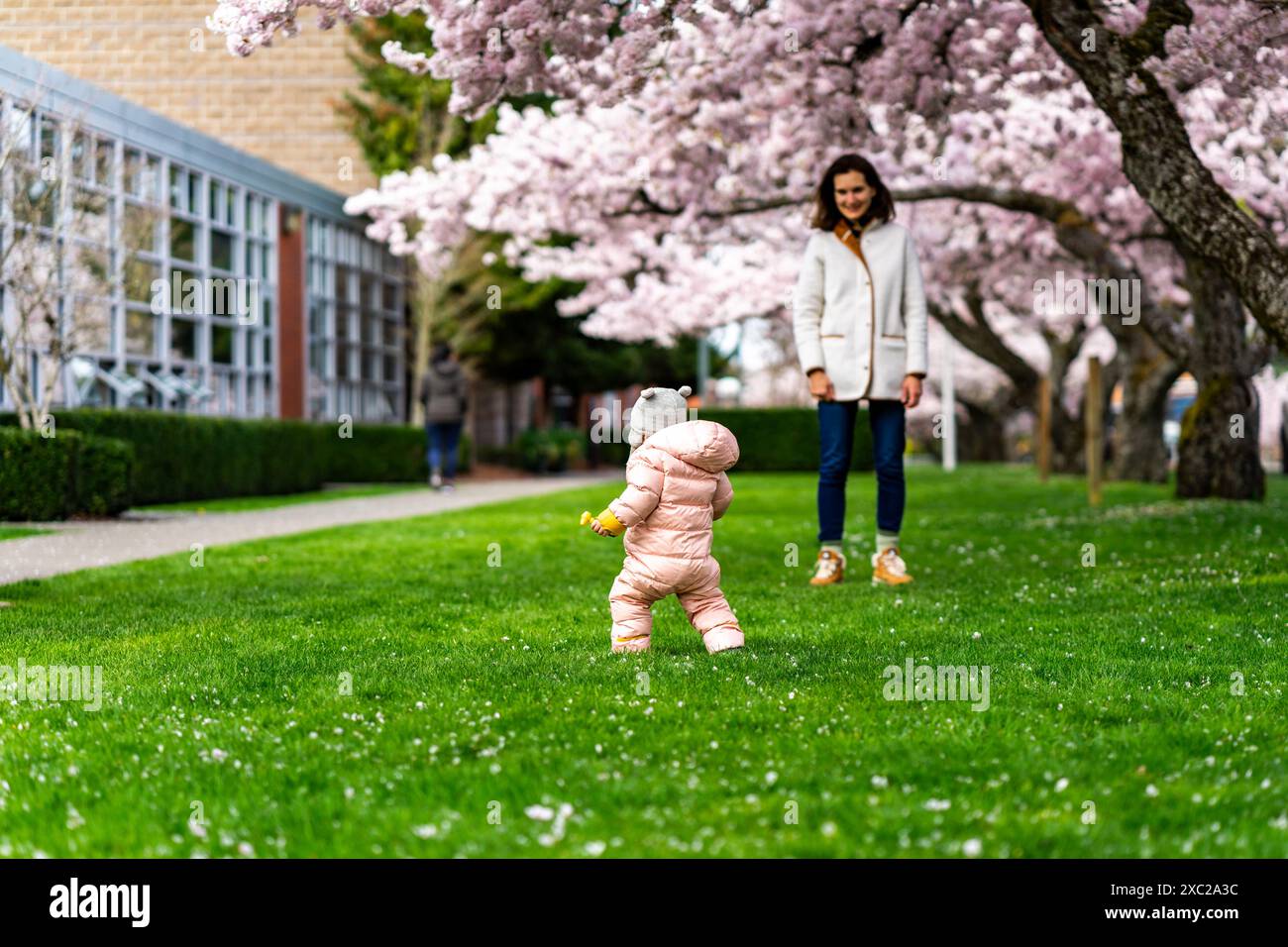 Mamma e figlia sotto i ciliegi in fiore Foto Stock