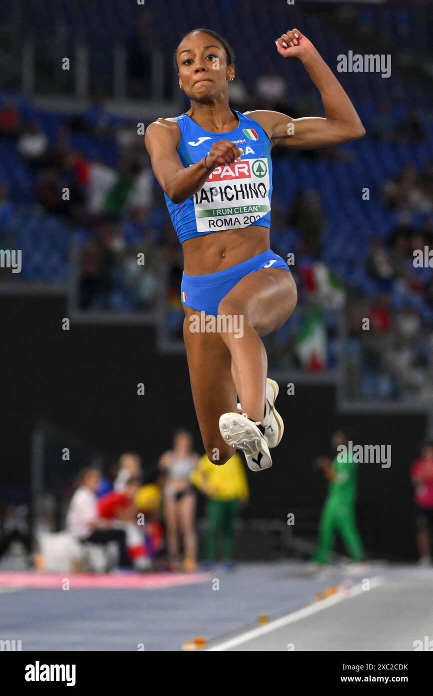 Larissa Iapichino partecipa alla finale femminile di salto lungo dei Campionati europei di atletica leggera allo stadio Olimpico di Roma, 12 giugno 2024. Larissa Iapichino si è classificata seconda vincendo la medaglia d'argento. Foto Stock