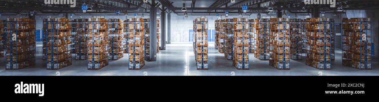 Scatole di cartone scaffali metallici impilati ampio magazzino di distribuzione sfondo 3d Foto Stock