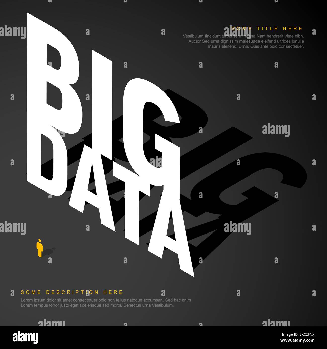 Immagine di accompagnamento scura dei Big Data con l'icona di una piccola persona e la scritta blu sui big data per i tuoi contenuti, il tutto su sfondo nero Illustrazione Vettoriale