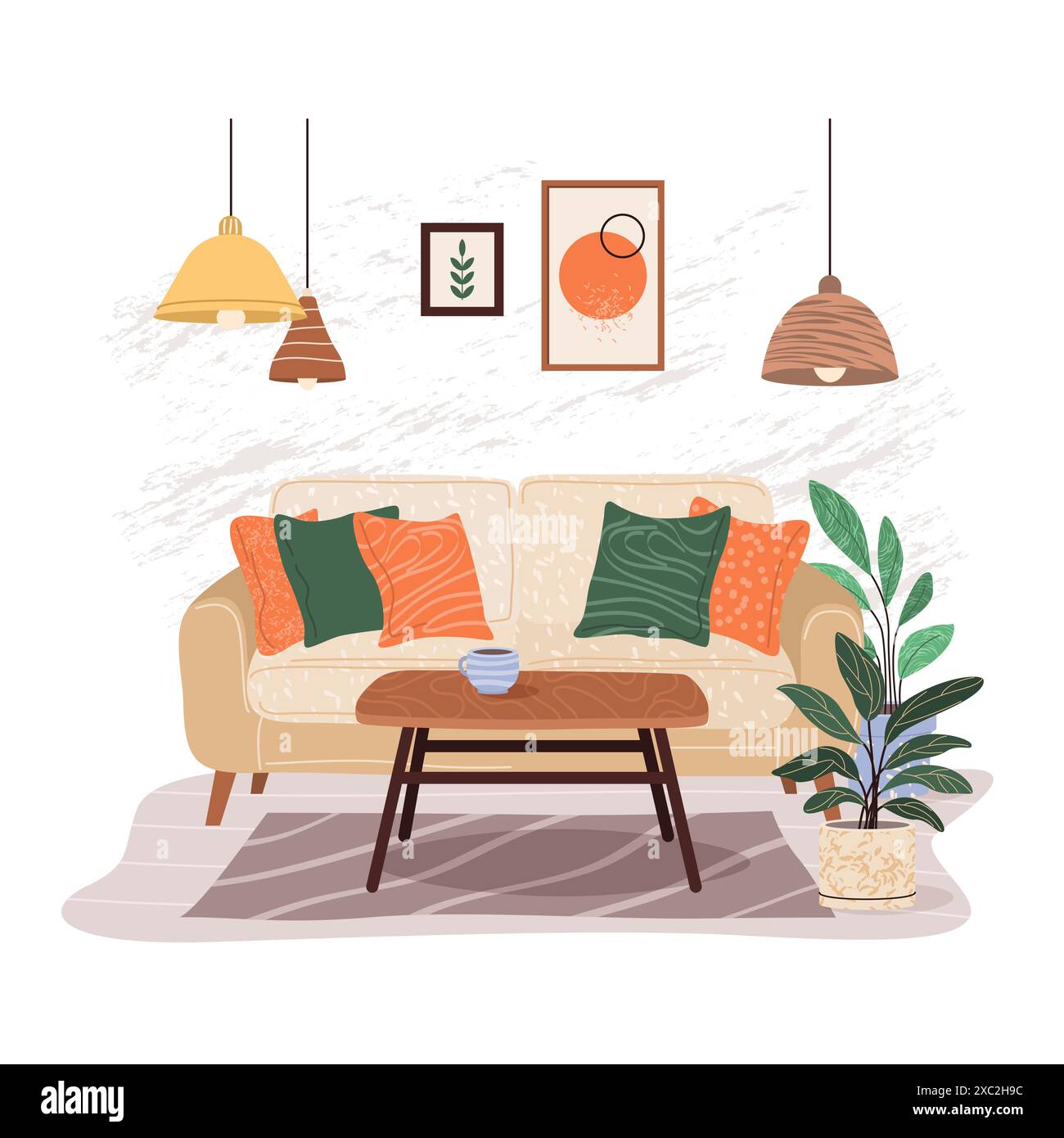 Design degli interni del soggiorno. Arredamento accogliente. Illustrazione Vettoriale