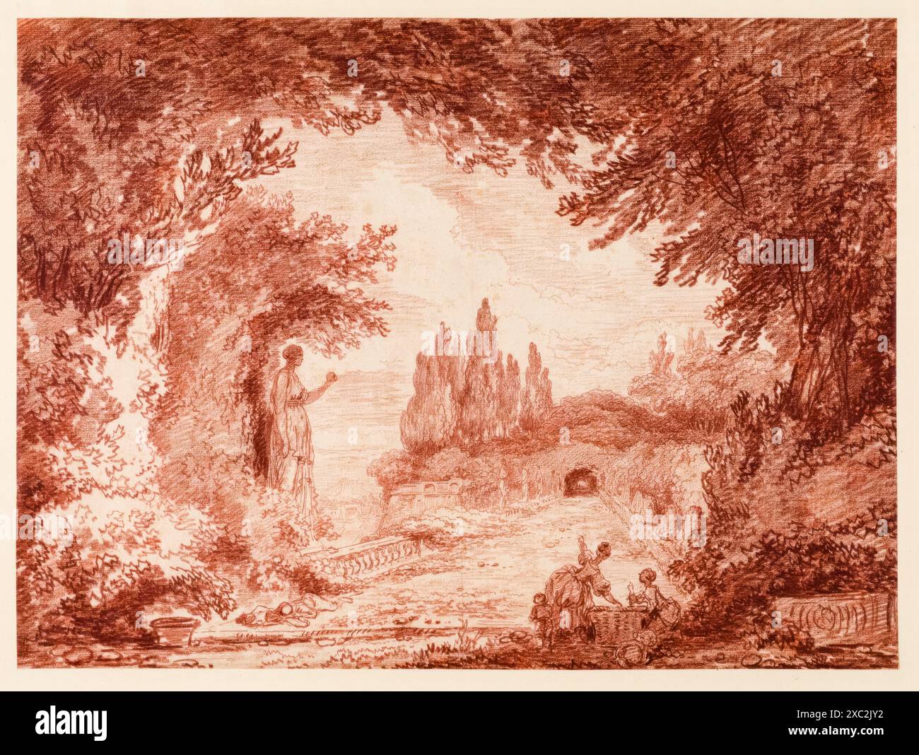 Hubert Robert, Terrazza in un giardino italiano, disegno di gesso, circa 1760 Foto Stock