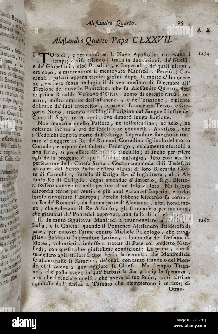 "Mappamondo Istorico". Seconda parte del volume III. Racconta la vita dei pontefici romani da Innocenzo III a Innocenzo XI. Capitolo dedicato ad Alessandro IV (ca. 1199-1261), papa dal 1254 al 1261. Di padre Antonio Foresti (1625-1692), della compagnia di Gesù. Parma, 1708. Foto Stock