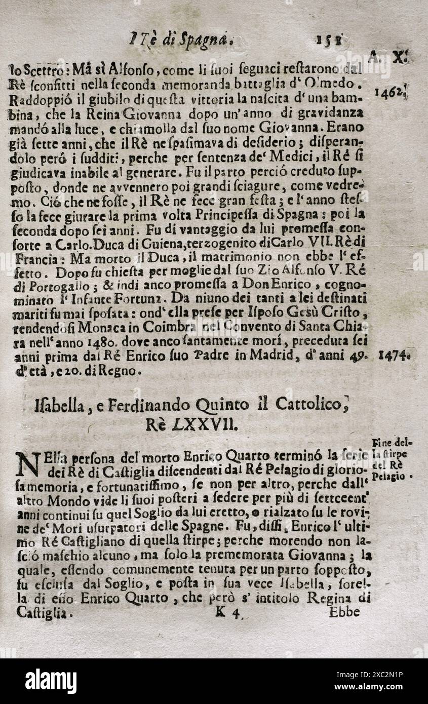 "Mappamondo Istorico". Volume IV parte due. Regni derivanti dal declino e dalla caduta dell'Impero Romano in Occidente. Dal 420 ad al 1692 d.C. Re di Spagna. Isabella (1451-1504) e Ferdinando il Cattolico (1452-1516). Di padre Antonio Foresti (1625-1692), della compagnia di Gesù. Parma, 1710. Foto Stock