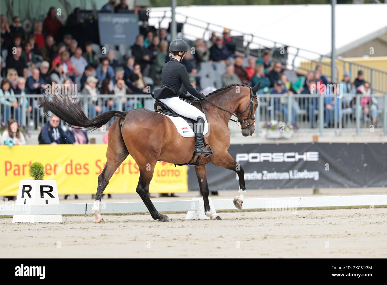 Luhmuhlen, Germania, 14 giugno 2024 Noemi Viola Doerfer dell'Ungheria con Crystal Barney durante il dressage CCI4* ai Longines Luhmuhlen Horse Trials il 14 giugno 2024, Luhmuhlen, Germania (foto di Maxime David - MXIMD Pictures) Foto Stock