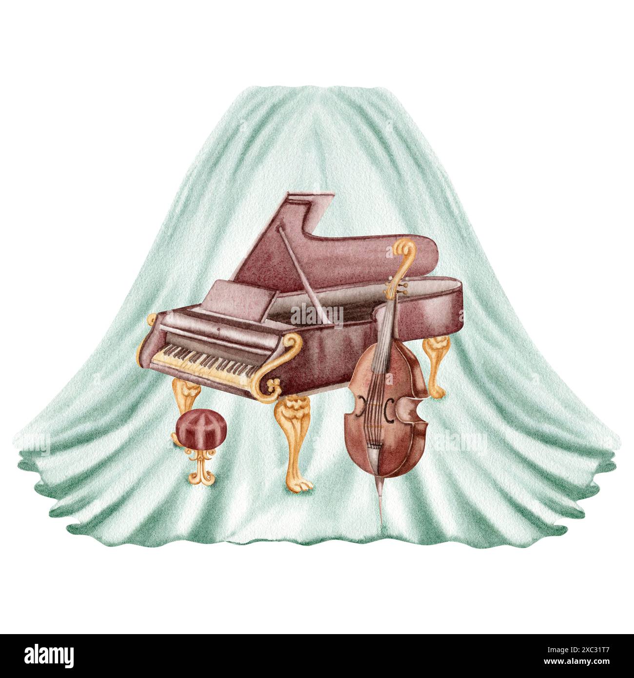 Strumenti di musica classica per pianoforte e contrabbasso su un'ampia tenda. Illustrazione ad acquerello disegnata a mano isolata su sfondo bianco. Vintage Foto Stock