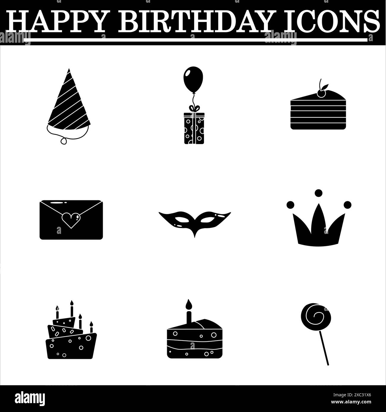 Set di semplici icone di compleanno su sfondo bianco. Icone nere per festeggiare. Vettore isolato. Foto Stock