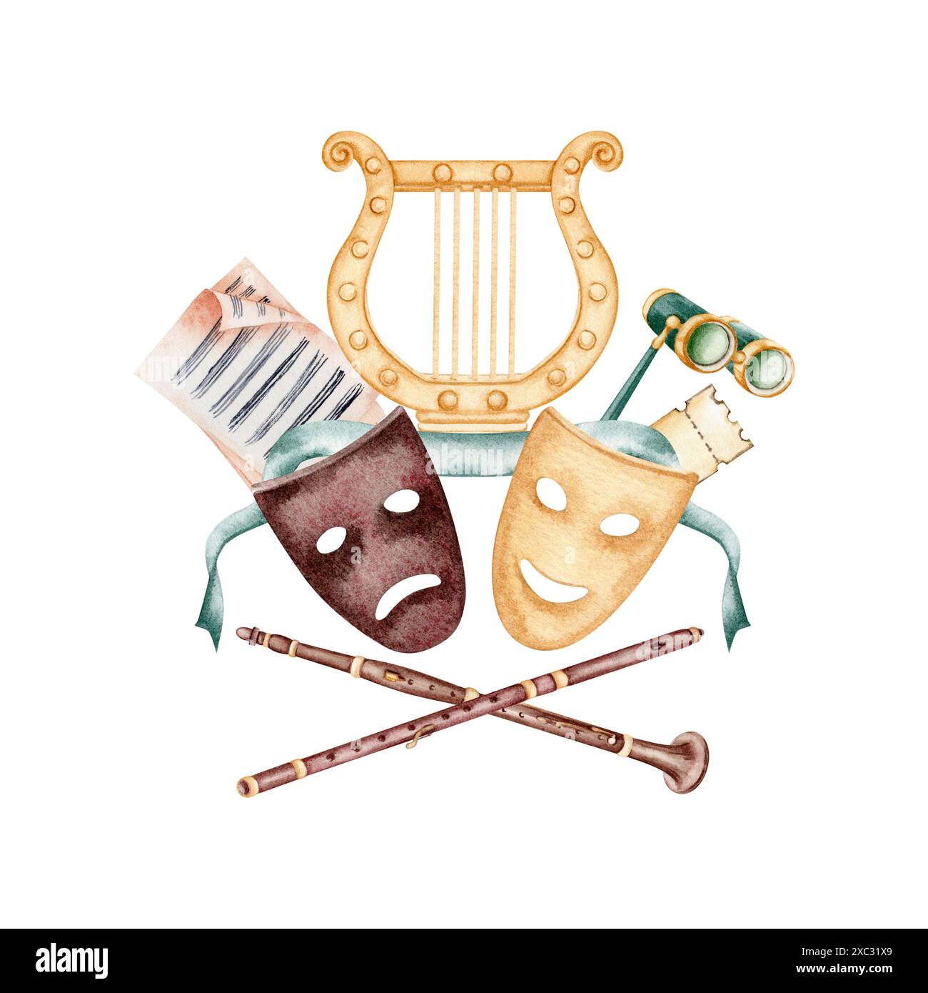 Pagine di musica vintage, occhiali da opera con maschere da teatro e logo dell'antica arpa lira. Illustrazione ad acquerello disegnata a mano isolata su sfondo bianco Foto Stock