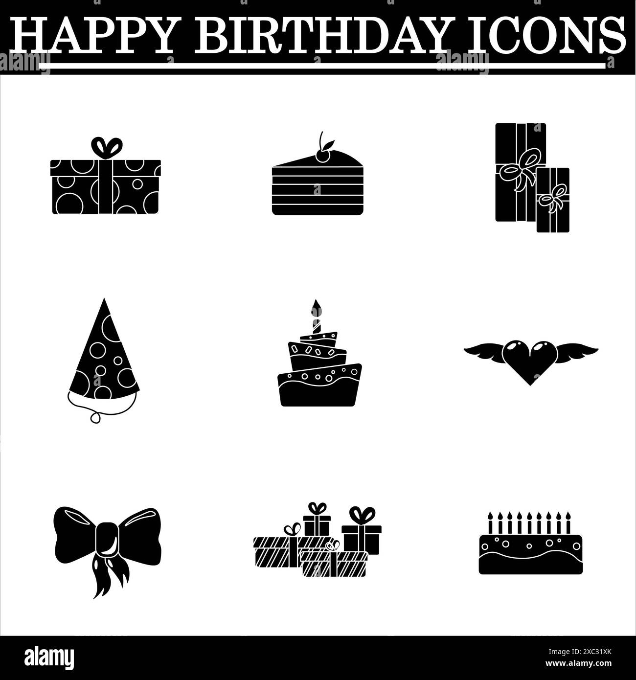 Set di semplici icone di compleanno su sfondo bianco. Icone nere per festeggiare. Vettore isolato. Foto Stock