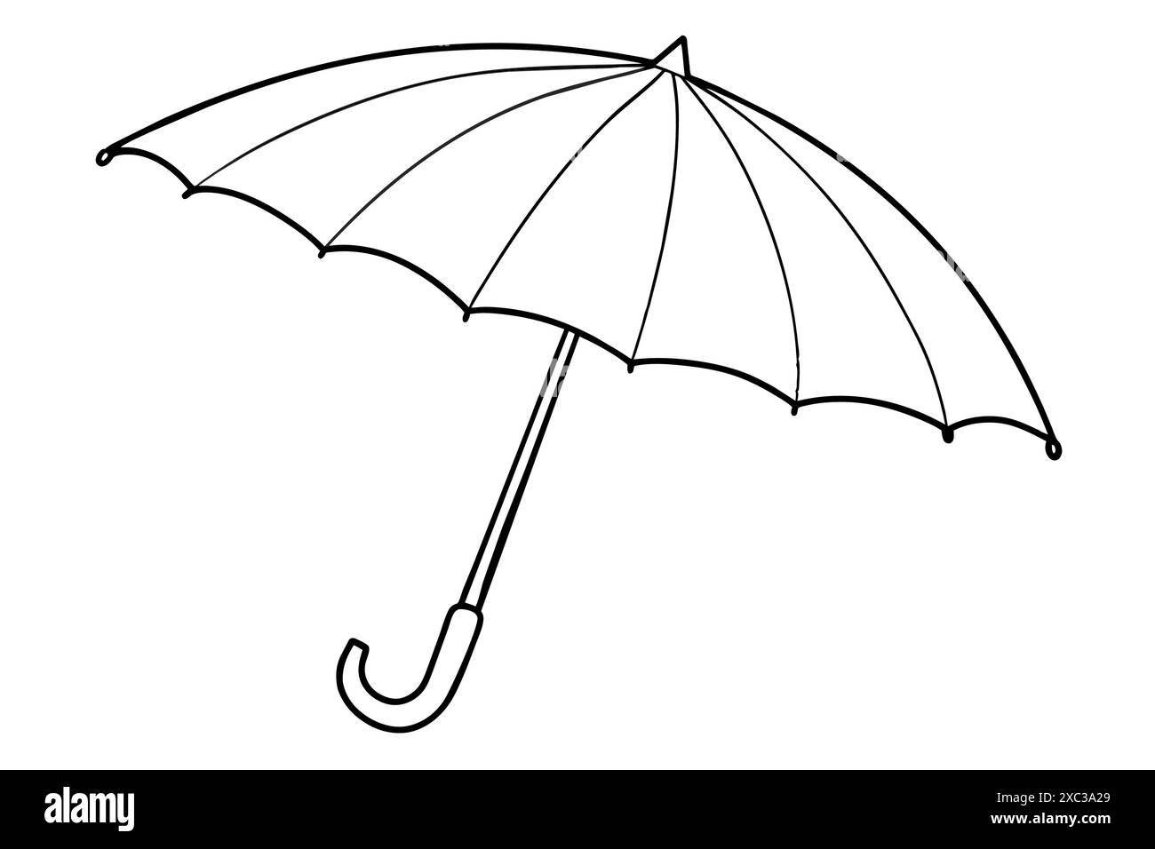 Contorno nero di un ombrello aperto isolato su sfondo bianco. Concetto di protezione dalla pioggia, stile minimalista e illustrazione delle condizioni atmosferiche per la stampa, ICO Illustrazione Vettoriale