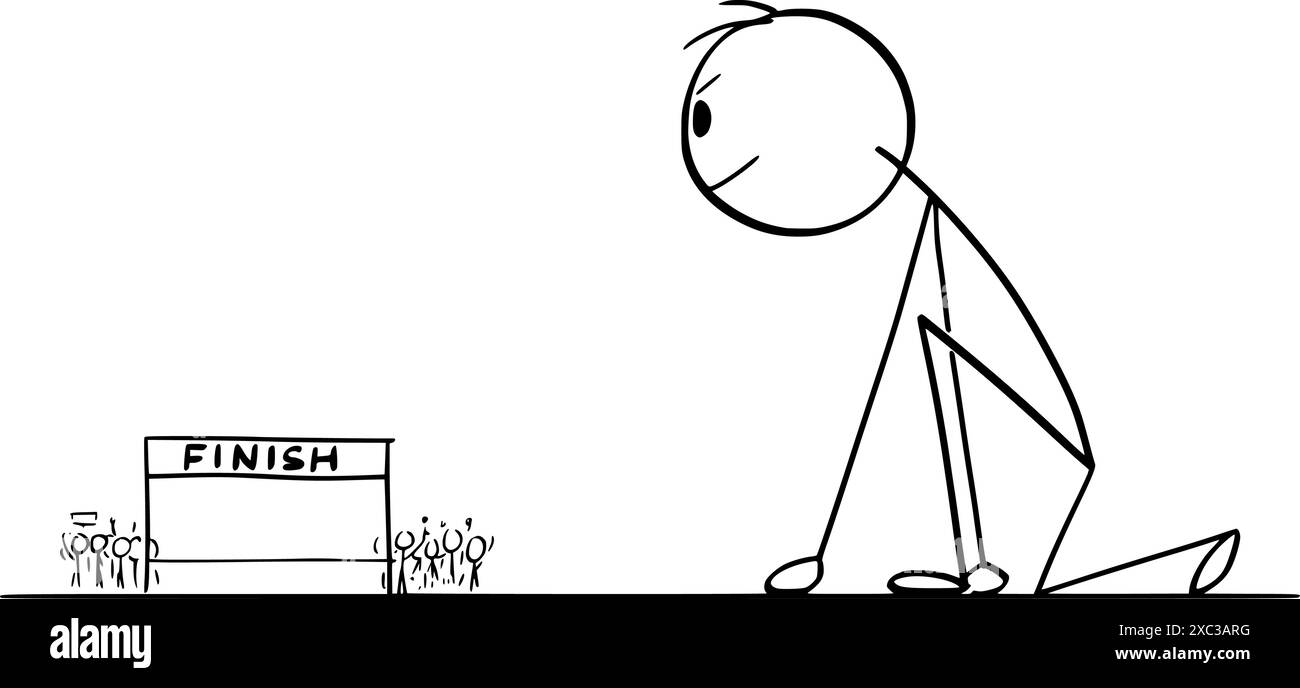 Sprinter sulla linea di partenza pronto per l'avvio e l'esecuzione, figura a bastone vettoriale o illustrazione del carattere. Illustrazione Vettoriale