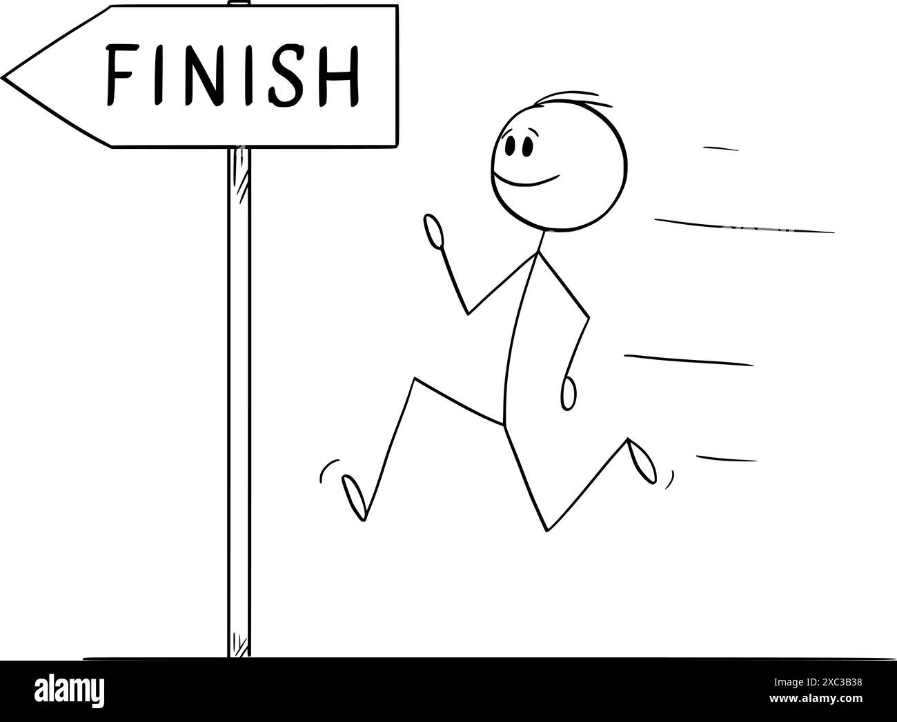 Sprinter o runner corre fino alla linea di arrivo, alla figura di bastone vettoriale o all'illustrazione del personaggio. Illustrazione Vettoriale