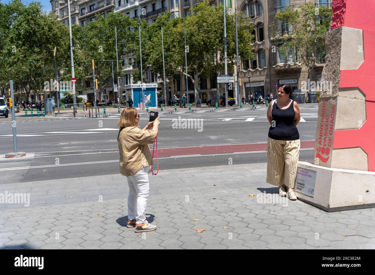 Barcellona ha una nuova scultura, situata all'estremità superiore del lussuoso Passeig de Gracia. L'opera dell'autore catalano Lle-, che risiede a New York, commemora il 200° anniversario della creazione del lungomare con una figura di cemento di 3 metri chiamata Pink Barcino. Barcelona tiene una nueva escultura, situada en la parte alta del lujoso Passeig de Grˆcia. La obra del autor catal‡n residente en Nueva York, LLU's Lle-, conmemora los 200 a-os de la creaci-n del paseo con una figura de cemento de 3 metros llamada Pink Barcino. Nella foto: Pink barcino News Politics - Barcellona, Spagna fr Foto Stock