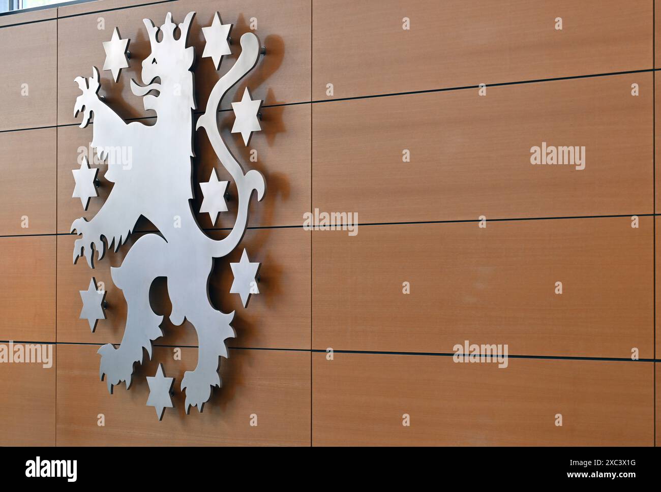 Erfurt, Germania. 14 giugno 2024. Lo stemma dello stato nella sala plenaria del parlamento statale della Turingia. Le elezioni statali in Turingia del 2024 si terranno il 1° settembre. Crediti: Martin Schutt/dpa/Alamy Live News Foto Stock