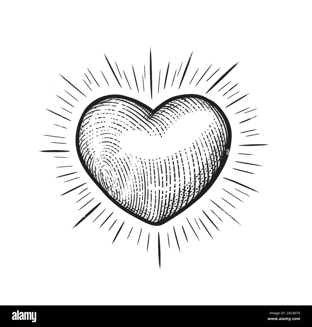 Cuore disegnato a mano con raggi. Illustrazione con incisione Vector Black vintage in stile sketch isolata su un bianco. Il giorno di San Valentino. Illustrazione Vettoriale