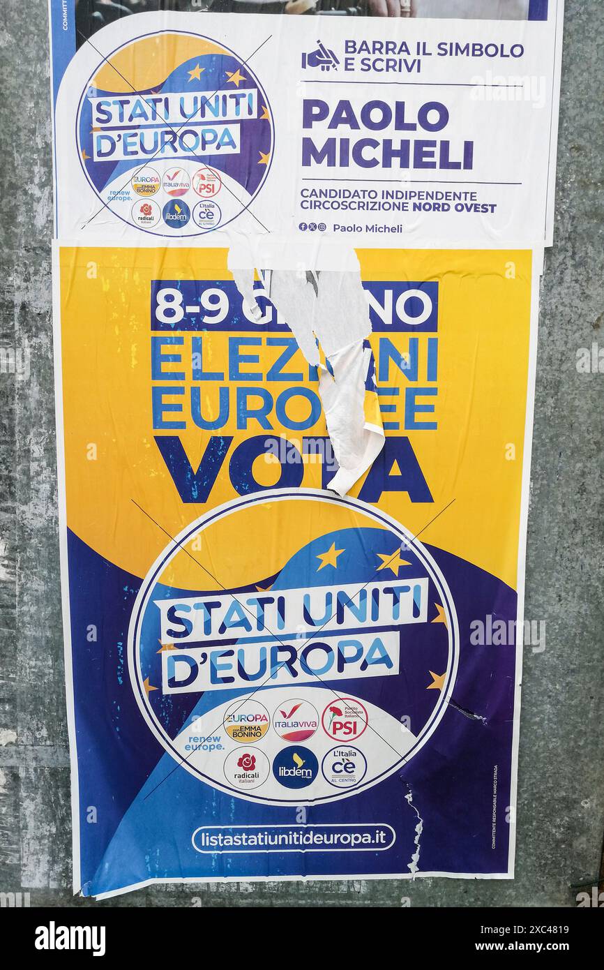 Italia, Lombardia, Casorezzo, manifesti per le elezioni europee e locali del 2024, Stati Uniti d'Europa, Paolo Micheli Foto Stock