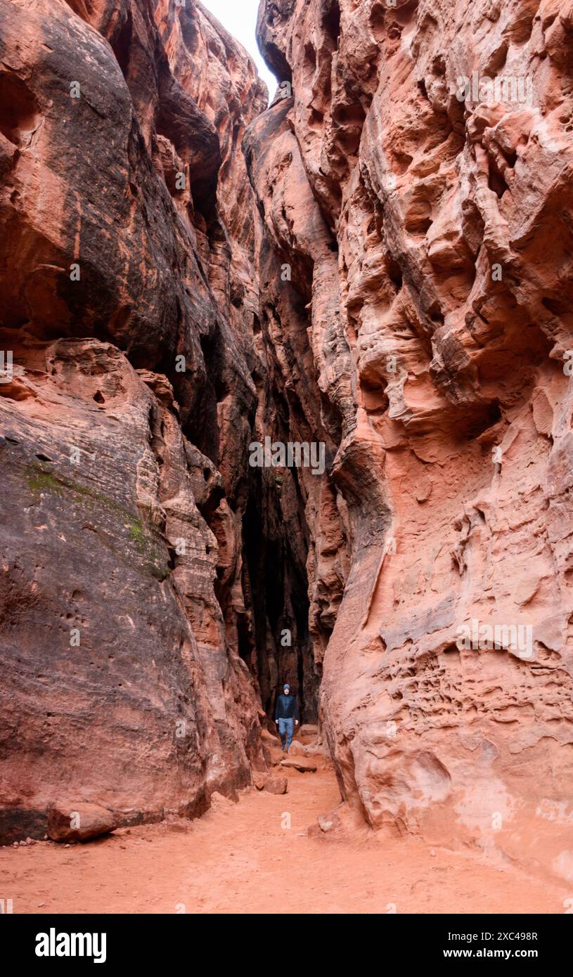 Un escursionista maschile che cammina nel Jenny's slot Canyon circondato da ripide pareti di pietra arenaria rossa Navajo - Snow Canyon State Park, St George, Utah, USA Foto Stock