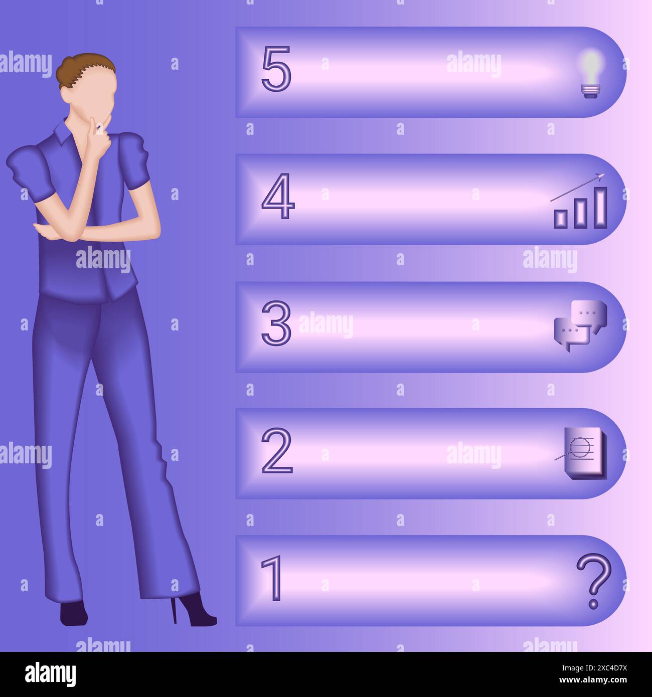 Una donna utilizza 5 passaggi per identificare un problema o un'opportunità nel processo decisionale. Concetto di business. Illustrazione vettoriale 2D. Illustrazione Vettoriale