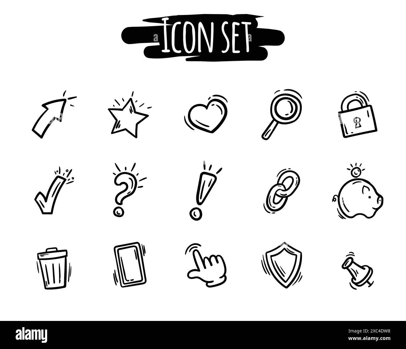 Set bianco e nero di icone disegnate a mano di comunicazione, affari, social media. Elementi vettoriali per sito web, design Illustrazione Vettoriale