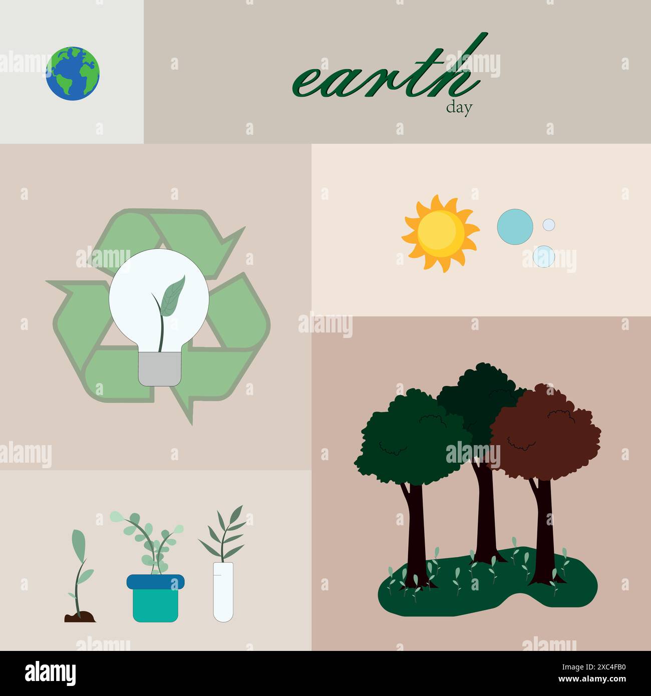 Buon giorno della Terra! Illustrazioni vettoriali di ecologia, logo, protezione e conservazione ambientale, foglie, alberi, icone di linea e motivi geometrici Illustrazione Vettoriale