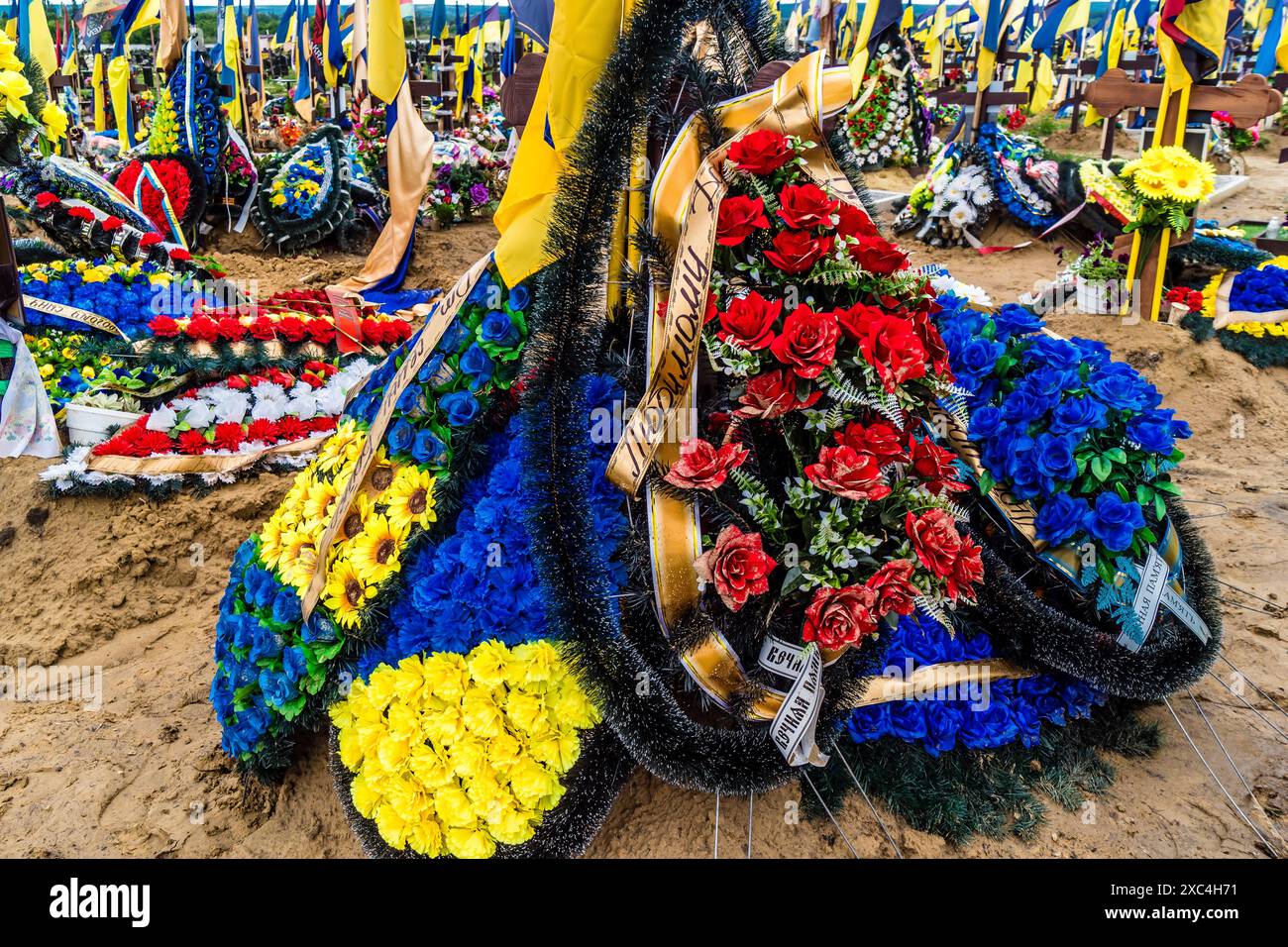 Charkiv, Ucraina, 13 giugno 2024 Aleya Slavy, cimitero militare a sud di Charkiv. Le tombe dei soldati, eroi che hanno difeso l'Ucraina sono coperte Foto Stock