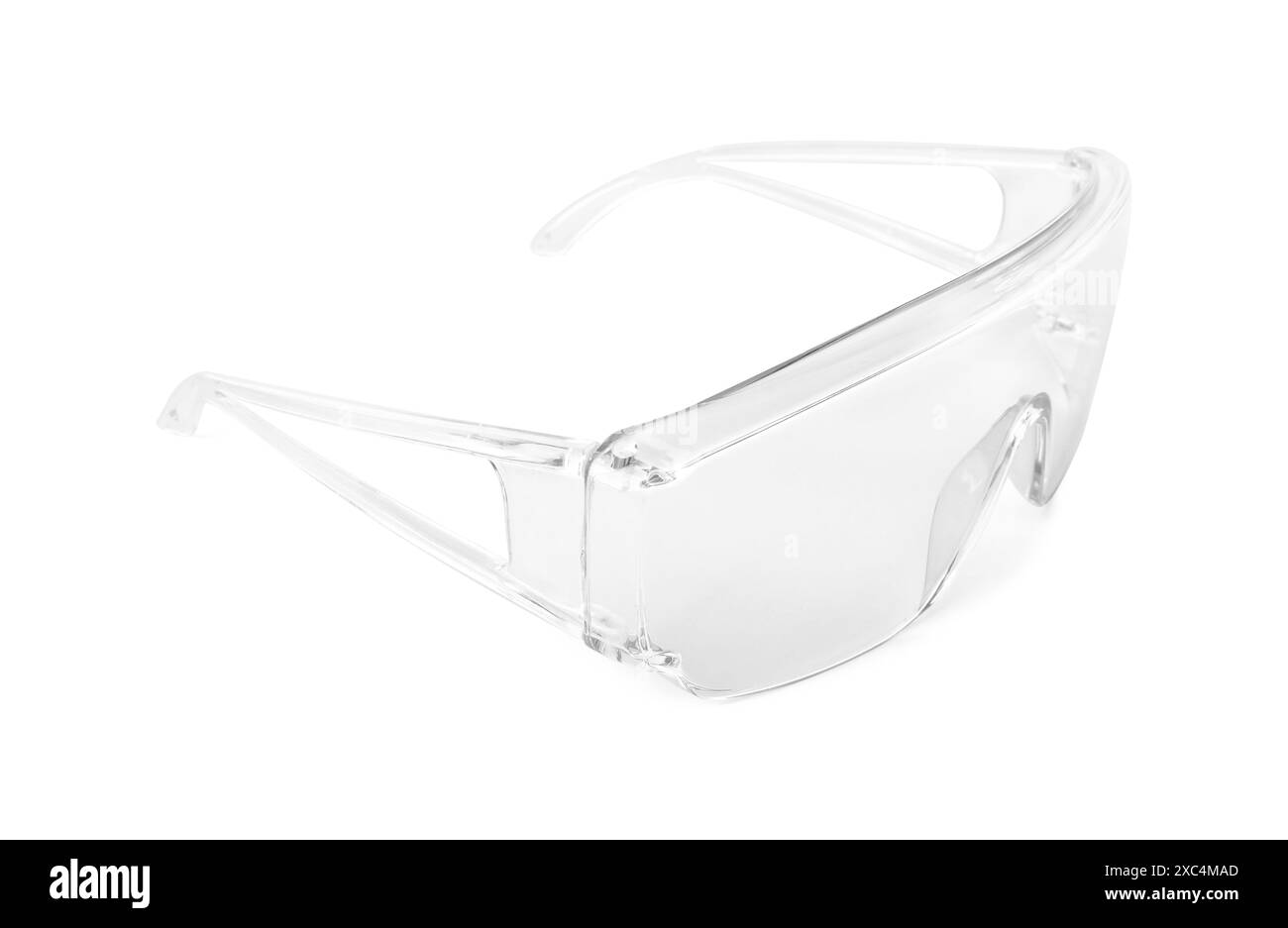 Occhiali di protezione isolati su bianco. Attrezzatura di sicurezza Foto Stock