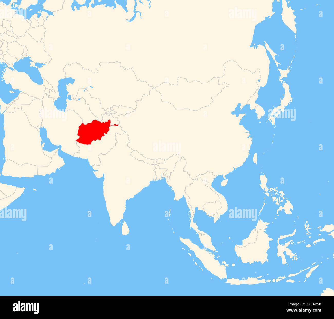 Mappa di localizzazione che mostra la posizione del paese Afghanistan in Asia. Il paese viene evidenziato con un poligono rosso. Anche i paesi piccoli sono contrassegnati come wi Foto Stock