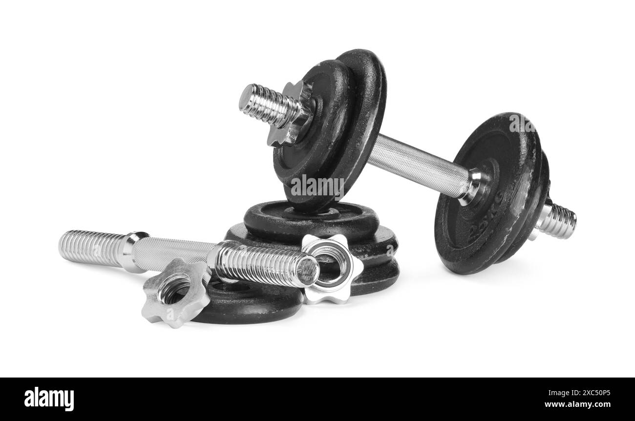 Barbell e parti di uno isolato sul bianco Foto Stock