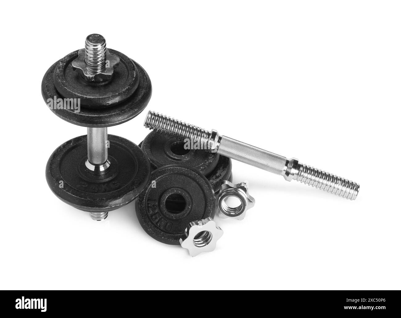 Barbell e parti di uno isolato sul bianco Foto Stock