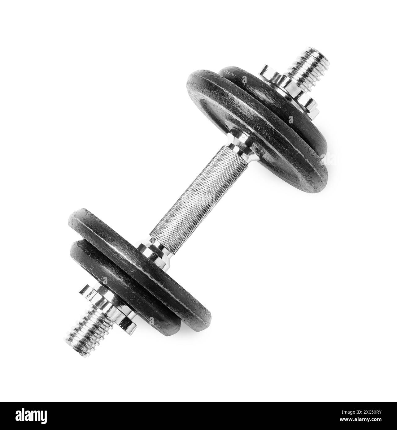 Manubrio in metallo isolato su bianco, vista dall'alto. Attrezzature sportive Foto Stock