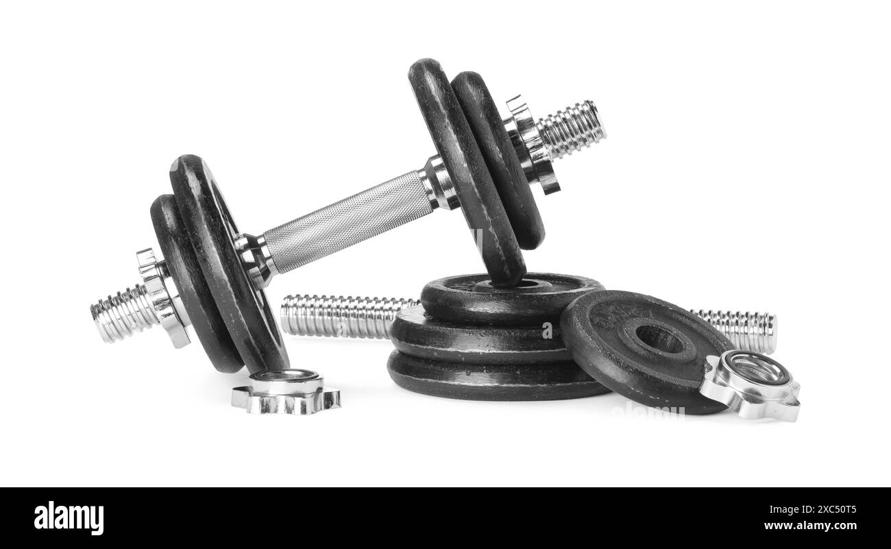 Barbell e parti di uno isolato sul bianco Foto Stock