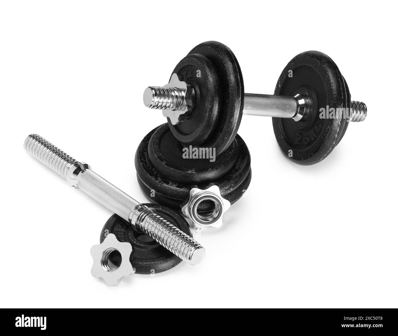 Barbell e parti di uno isolato sul bianco Foto Stock