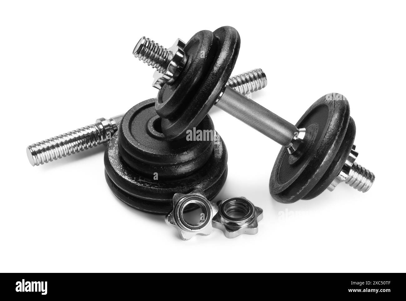 Barbell e parti di uno isolato sul bianco Foto Stock