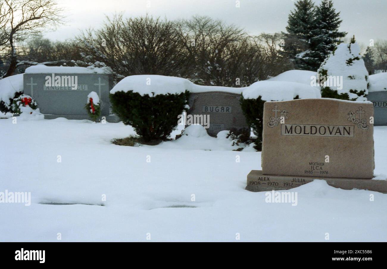 Aurora, Illinois, U.S.A., circa 1991. Nomi di famiglia rumeni sulle lapidi di un cimitero cattolico cristiano. Foto Stock