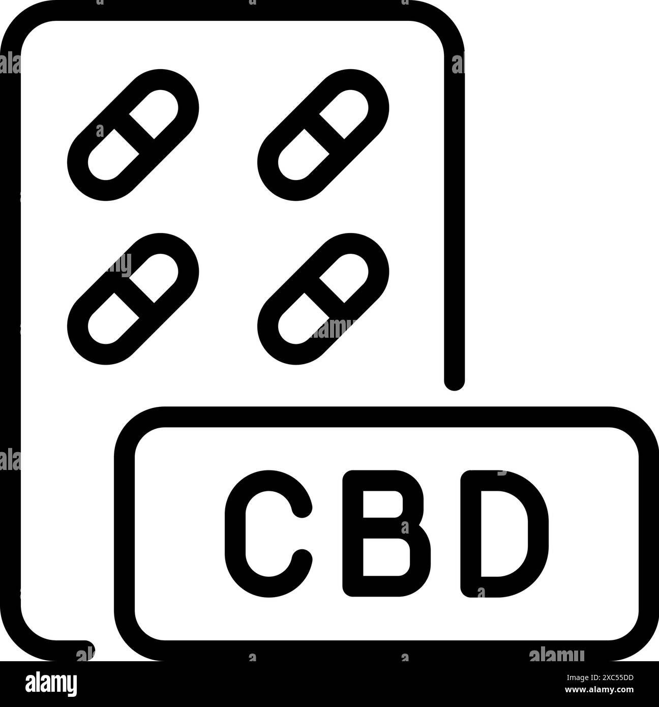 Marijuana medica o pillole di estratto di CBD, simbolo vettoriale. Icona della linea della capsula di cannabis. Capsule CBD per la salute mentale, il rilassamento e il trattamento della depressione Illustrazione Vettoriale