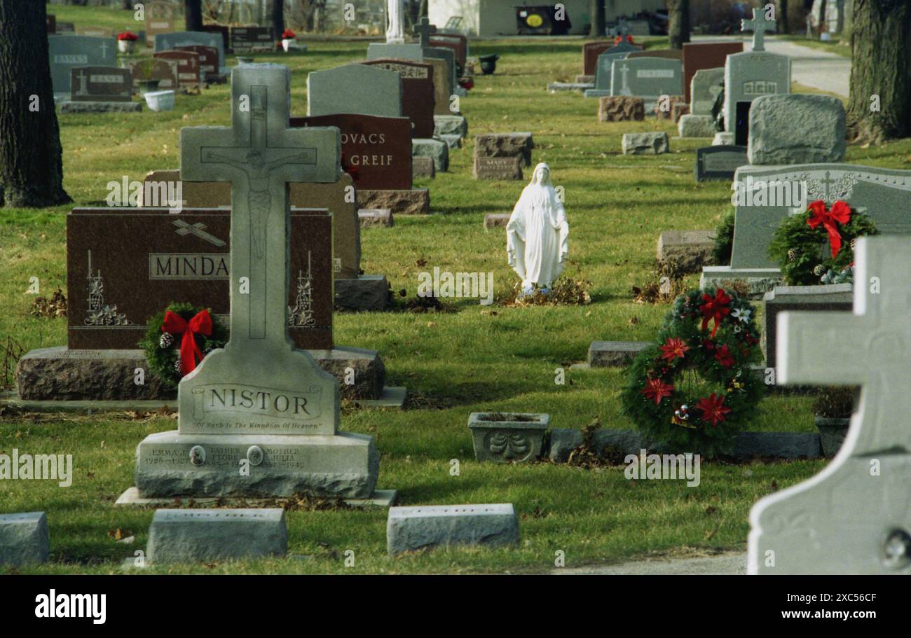 Aurora, Illinois, U.S.A., circa 1991. Nomi di famiglia dell'Europa orientale sulle lapidi di un cimitero cattolico cristiano. Foto Stock