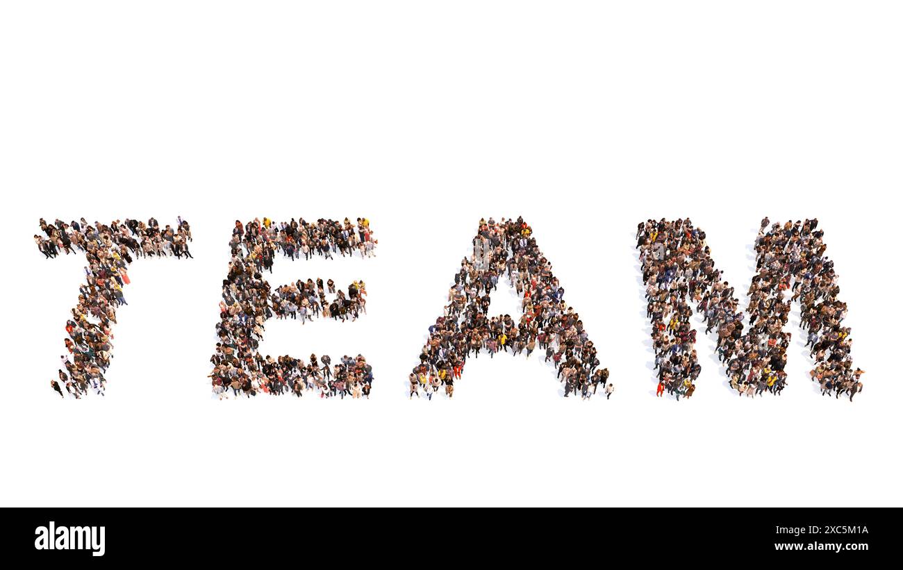Concetto concettuale ampia comunità di persone che formano la parola del TEAM. metafora dell'illustrazione 3d per il business, il lavoro di squadra, la gestione, la cooperazione o l'idea Foto Stock