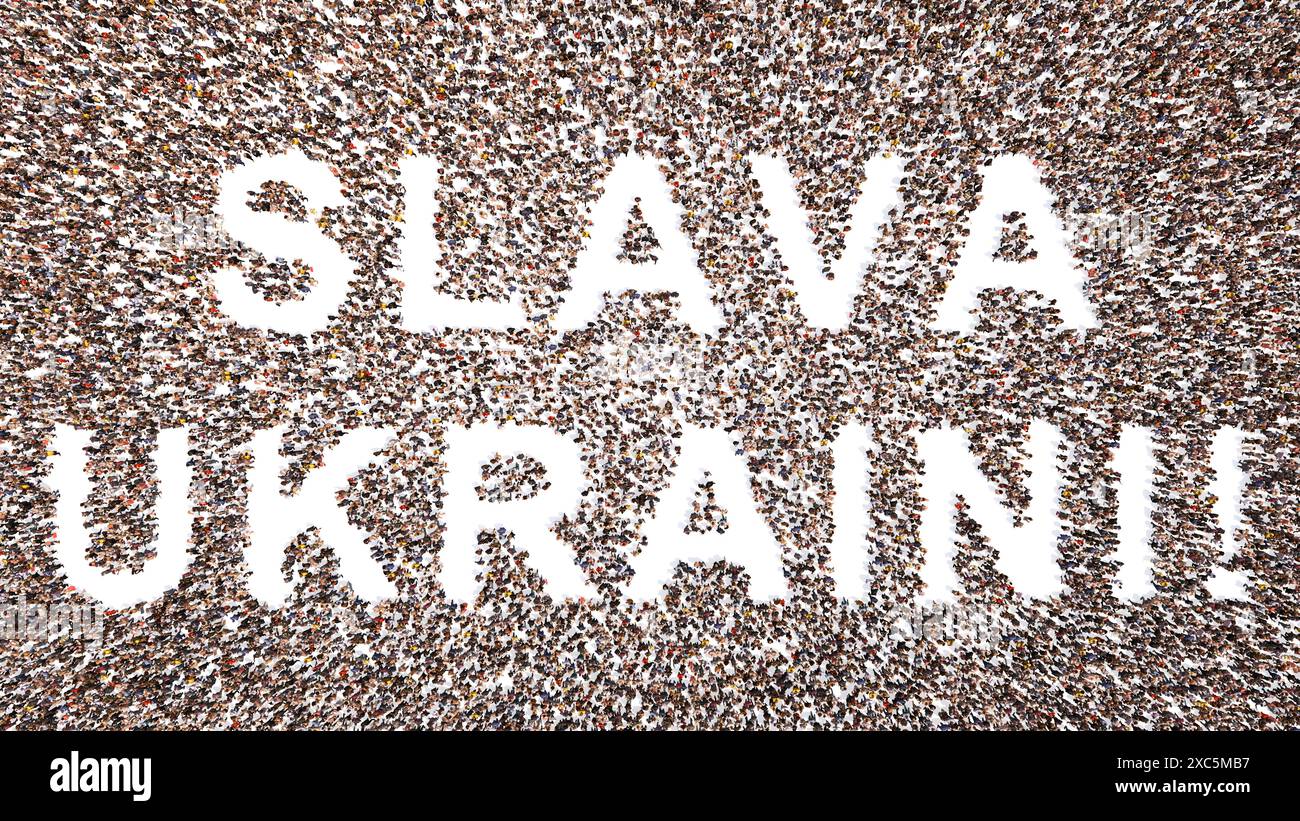 Concetto o concettuale grande comunità di persone che formano il messaggio SLAVA UKRAINI. metafora dell'illustrazione 3d per patriottismo, determinazione, motivazione, Foto Stock