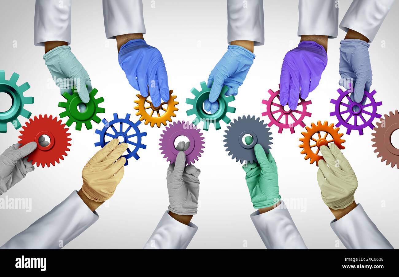 Assistenza agli operatori sanitari supporto e concetto di squadra ospedaliera o unità del personale medico o idea di lavoro di squadra clinica come metafora della medicina per medici e infermieri wor Foto Stock