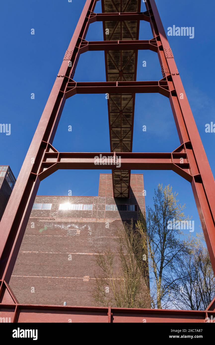 Costruzione in acciaio e un edificio con finestre in vetro e alberi di fronte a un cielo blu, Essen, zona della Ruhr, Germania Foto Stock