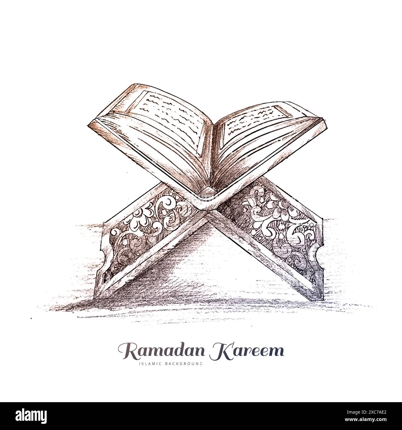 Disegno disegnato a mano del libro sacro del corano sullo stand design ramadan kareem Illustrazione Vettoriale