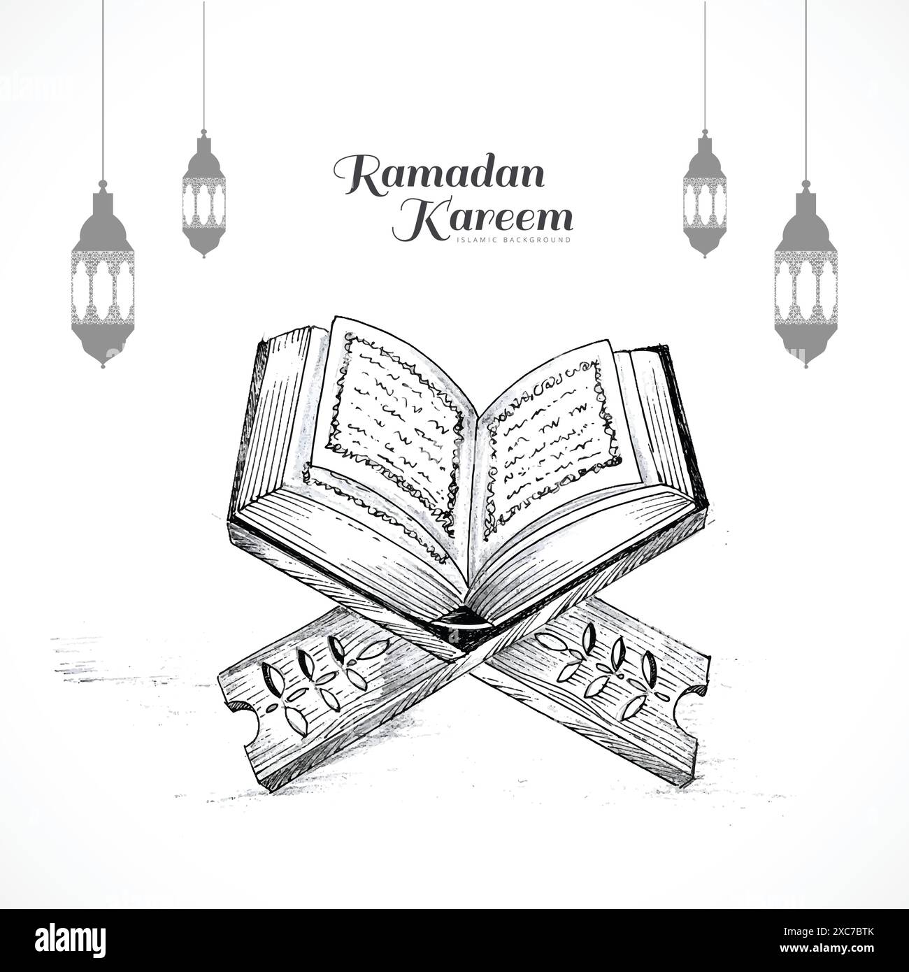 Disegno disegnato a mano del libro sacro del corano sullo stand design ramadan kareem Illustrazione Vettoriale