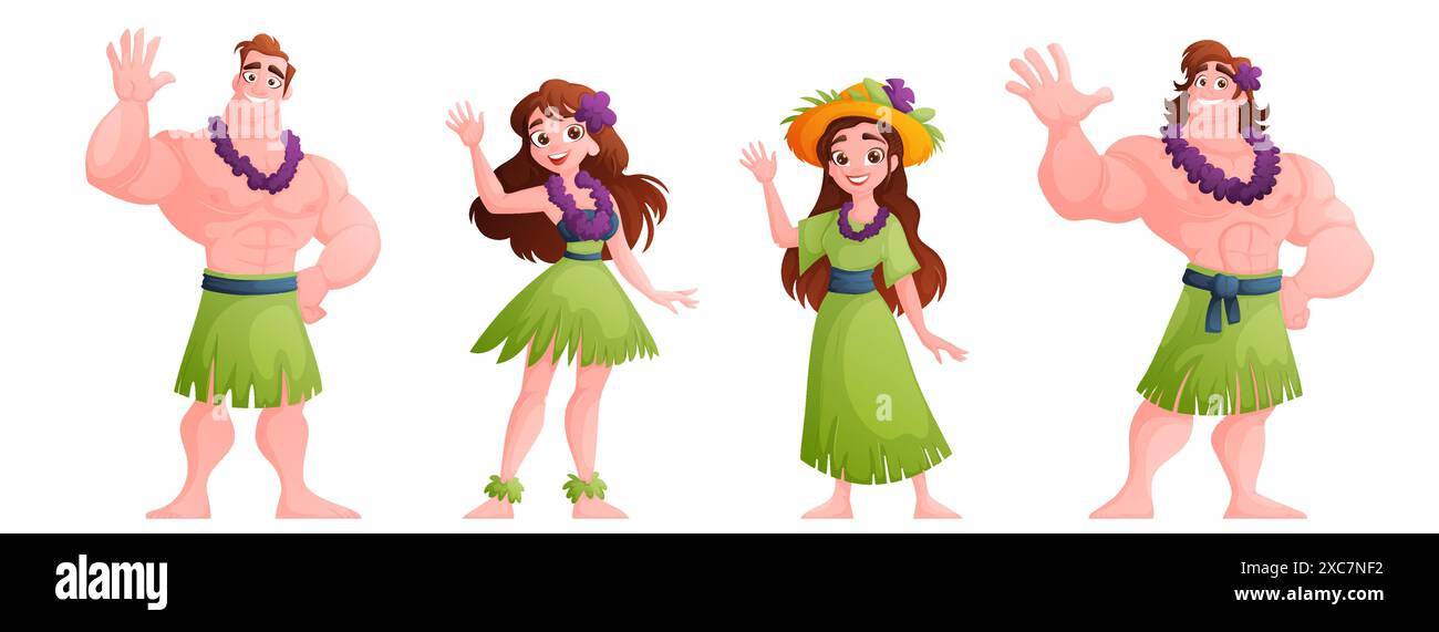 Illustrazione di allegri personaggi hawaiani in abiti tradizionali, perfetta per disegni a tema tropicale e presentazioni culturali. Illustrazione Vettoriale