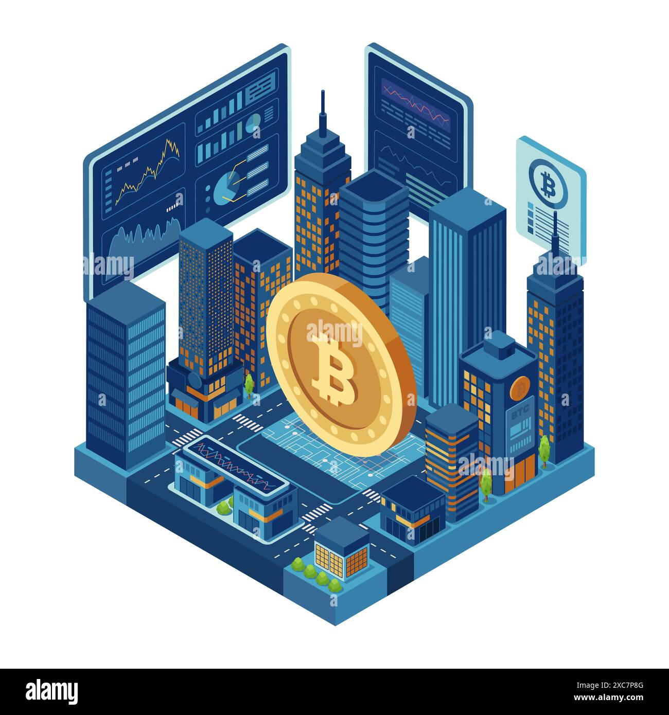 Paesaggio urbano isometrico 3d piatto intrecciato e potenziato con Bitcoin. Bitcoin e criptovaluta Illustrazione Vettoriale