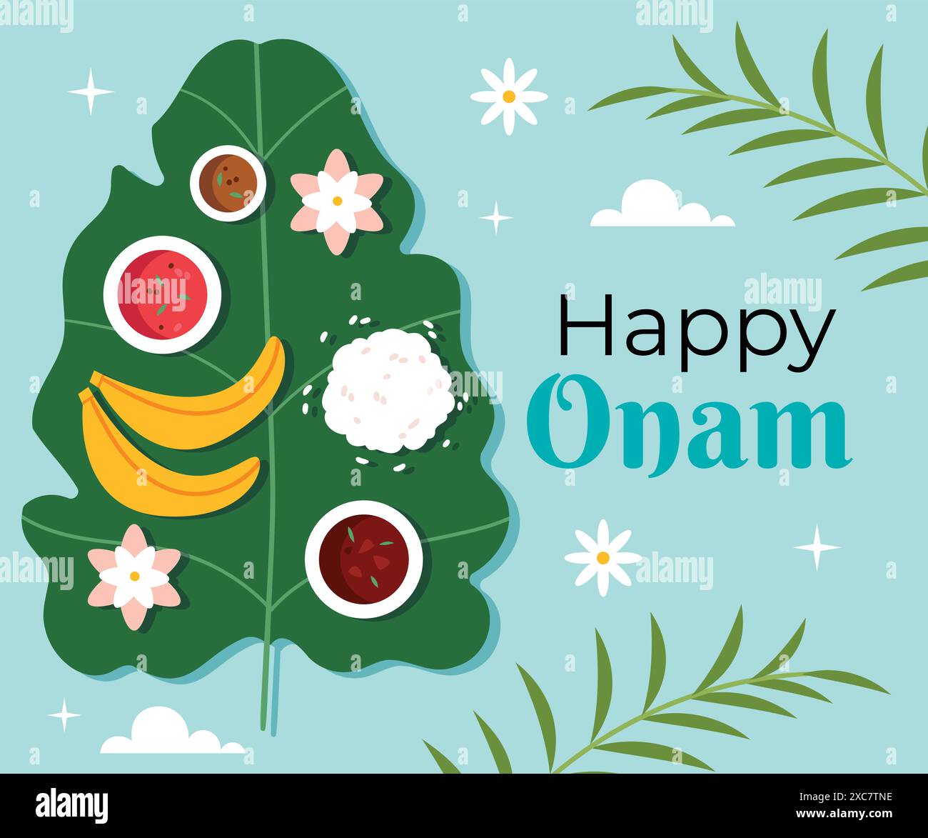 Festival Diwali cibo vegetariano Kerala. Sambar, Rasam, ghee al curry parippu dal curry Pappadom Payasam su foglia di banana Onam Vishu P Illustrazione Vettoriale